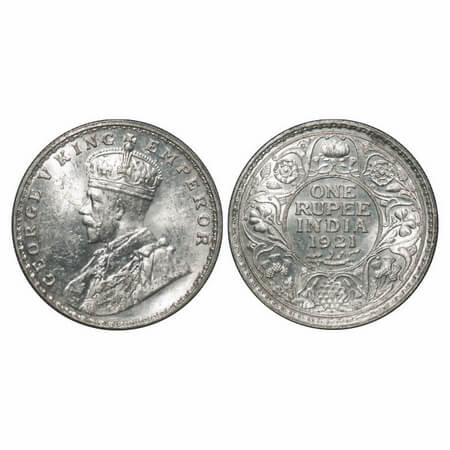 George V, Silver, Rupee, 1921, Bombay Mint, Dot, The 5th Diamond below Yek Rupiya is large