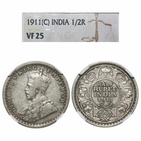 George V, Silver, Half Rupee, 1911, Calcutta Mint, No dot, Pig-Type. F. Prid 318. GK 1045.