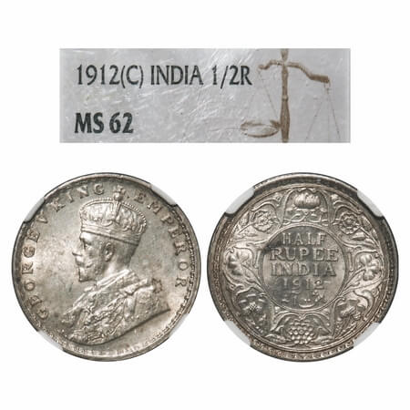 George V, Silver, Half Rupee, 1912, Calcutta Mint, No dot, Re-Drawn Elephant. F. Prid 319.