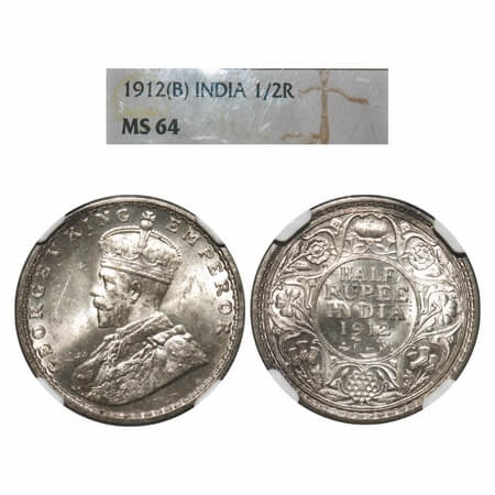 George V, Silver, Half Rupee, 1912, Bombay Mint, Dot, Re-drawn Elephant. F. Prid 336. GK 1