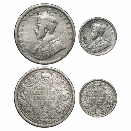 George V, Silver, 1912, (2 coins), 1) Half Rupee, Bombay Mint, Dot, Re drawn Elephant, 2) 