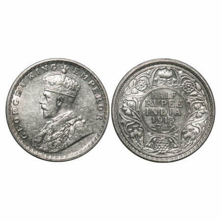 George V, Silver, Half Rupee, 1913, Calcutta Mint, No dot. F. Prid 320. GK 1048. Almost Un