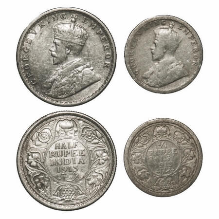 George V, Silver, Half Rupee & 1/4 Rupee, 1913, (2 coins), Calcutta Mint, No dot. F. Prid 