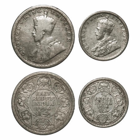 George V, Silver, Half Rupee & 1/4 Rupee, 1916, (2 coins), Calcutta Mint, No dot. F. Prid 