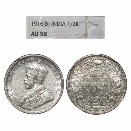 George V, Silver, Half Rupee, 1916, Bombay Mint, Dot. F. Prid 340. GK 1054. NGC Slabbed AU