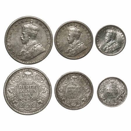 George V, Silver, 1917, (3 coins), 1) Half Rupee, Bombay Mint, Dot, 2) 1/4 Rupee, Calcutta