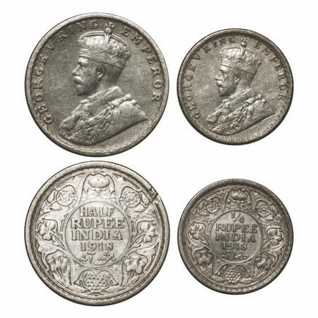 George V, Silver, 1918, (2 coins), 1) Half Rupee, Bombay Mint, Dot, 2) 1/4 Rupee, Calcutta