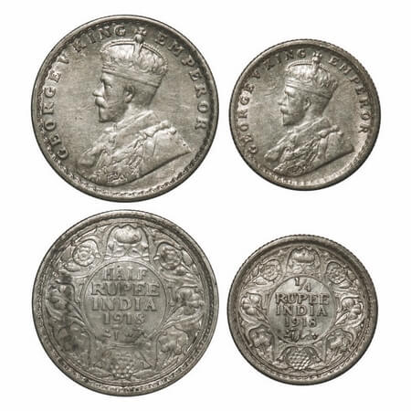 George V, Silver, 1918, (2 coins), 1) Half Rupee, Bombay Mint, Dot, 2) 1/4 Rupee, Calcutta