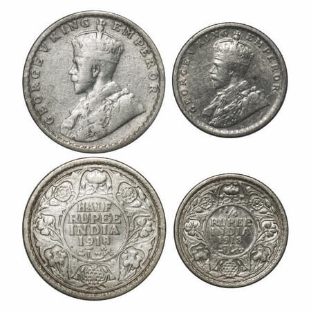 George V, Silver, 1918, (2 coins), 1) Half Rupee, Bombay Mint, Dot, 2) 1/4 Rupee, Calcutta