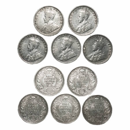 George V, Silver, Half Rupee, (Lot of 5 coins), 1) 1922, Calcutta Mint, No dot, 2) 1923, C