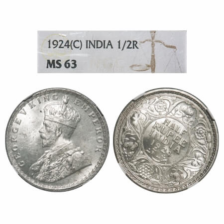 George V, Silver, Half Rupee, 1924, Calcutta Mint, No dot, Almost 1 o'clock on Rev. F. Pri