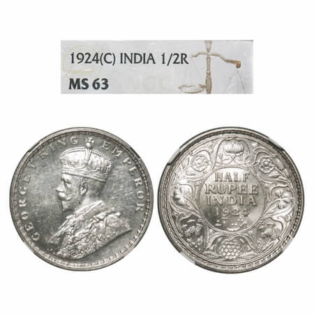 George V, Silver, Half Rupee, 1924, Calcutta Mint, No dot. F. Prid 327. GK 1063. NGC Slabb