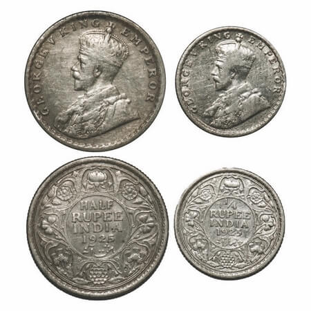 George V, Silver, 1925, (2 coins), 1) Half Rupee, Calcutta Mint, No dot, 2) 1/4 Rupee, Bom