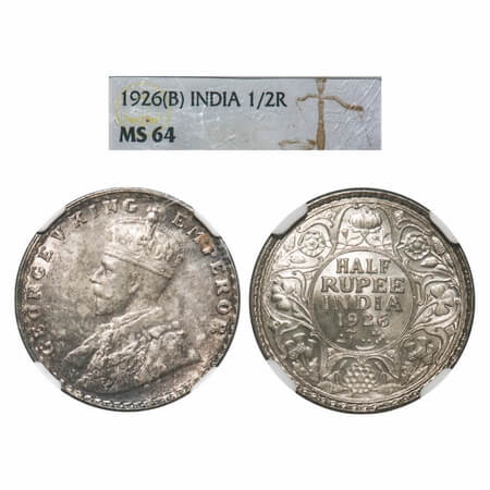 George V, Silver, Half Rupee, 1926, Bombay Mint, Dot. F. Prid 348. GK 1068. NGC Slabbed MS