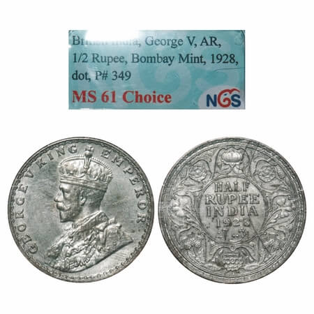 George V, Silver, Half Rupee, 1928, Bombay Mint, Dot. F. Prid 349. GK 1070. NGS Slabbed MS