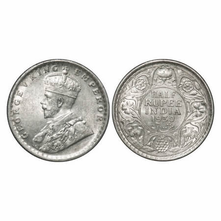 George V, Silver, Half Rupee, 1930, Calcutta Mint, No dot. F. Prid 332. GK 1072. Uncircula