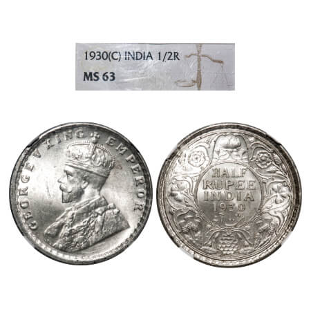 George V, Silver, Half Rupee, 1930, Calcutta Mint, No dot. F. Prid 332. GK 1072. NGC Slabb