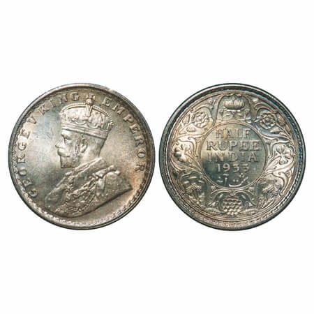 George V, Silver, Half Rupee, 1933, Calcutta Mint, No dot. F. Prid 333. GK 1073. Uncircula