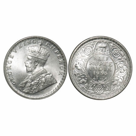 George V, Silver, Half Rupee, 1933, Calcutta Mint, No dot. F. Prid 333. GK 1073. Brilliant