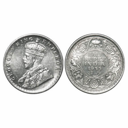 George V, Silver, Half Rupee, 1933, Calcutta Mint, No dot. F. Prid 333. GK 1073. Unciculat