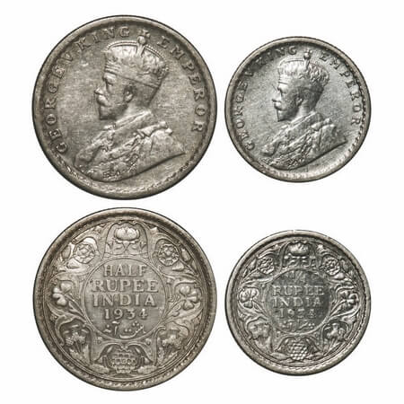 George V, Silver, 1934, (2 coins), 1) Half Rupee, Calcutta Mint, No dot, 2) 1/4 Rupee, Cal