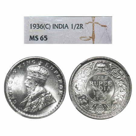 George V, Silver, Half Rupee, 1936, Calcutta Mint, No dot. F. Prid 335. GK 1075. NGC Slabb