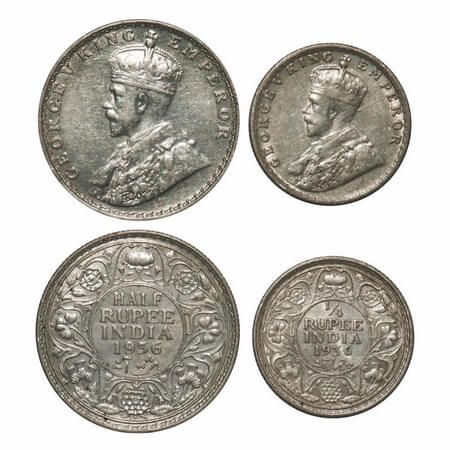 George V, Silver, 1936, (2 coins), 1) Half Rupee, Bombay Mint, Dot, 2) 1/4 Rupee, Bombay M