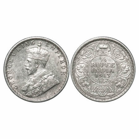 George V, Silver, 1/4 Rupee, 1913, Calcutta Mint, No dot. F. Prid 442. GK 1083. Extremely 