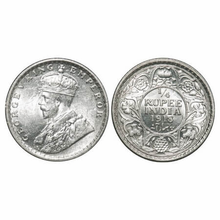 George V, Silver, 1/4 Rupee, 1918, Calcutta Mint, No dot, Ghost on Obv. F. Prid 447. GK 10