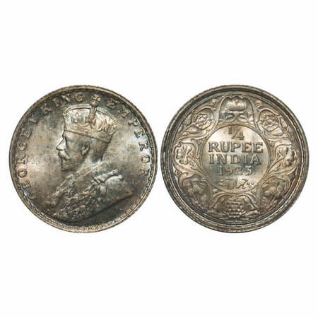 George V, Silver, 1/4 Rupee, 1925, Bombay Mint, Dot. F. Prid 458. GK 1093. Mint State, Rai