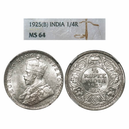 George V, Silver, 1/4 Rupee, 1925, Bombay Mint, Dot. F. Prid 458. GK 1093. NGC Slabbed MS 