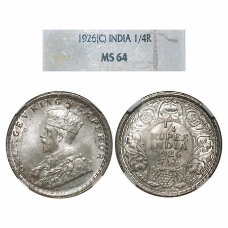 George V, Silver, 1/4 Rupee, 1926, Calcutta Mint, No dot. F. Prid 449. GK 1094. NGC Slabbe