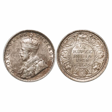 George V, Silver, 1/4 Rupee, 1928, Bombay Mint, Dot. F. Prid 459. GK 1095. Extremely Fine.