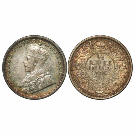 George V, Silver, 1/4 Rupee, 1930, Calcutta Mint, No dot, Mechanical die doubling of few a