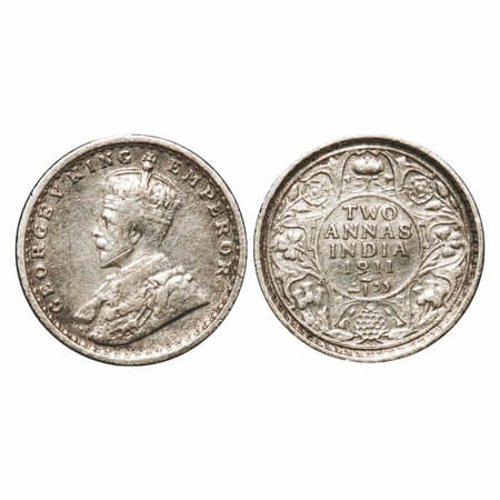 George V, Silver, 2 Annas, 1911, Calcutta Mint, No dot, Pig-Type. F. Prid 564. GK 1107. Ve