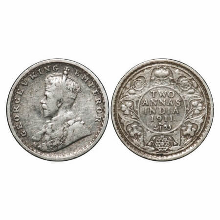 George V, Silver, 2 Annas, 1911, Calcutta Mint, No dot, Pig-Type. F. Prid 564. GK 1107. Ve