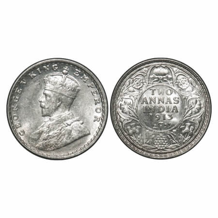 George V, Silver, 2 Annas, 1913, Bombay Mint, Dot. F. Prid 572. GK 1111. Brilliant Uncircu