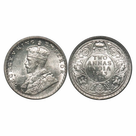 George V, Silver, 2 Annas, 1913, Bombay Mint, Dot. F. Prid 572. GK 1111. Mint State. Rare.