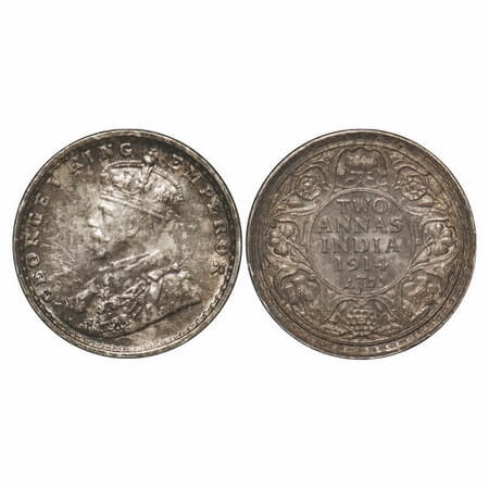 George V, Silver, 2 Annas, 1914, Bombay Mint, Dot, A complete ghost on Obv of Rev which is