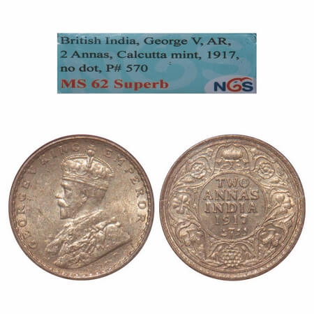 George V, Silver, 2 Annas, 1917, Calcutta Mint, No dot. F. Prid 970. GK 1117. NGS Slabbed 