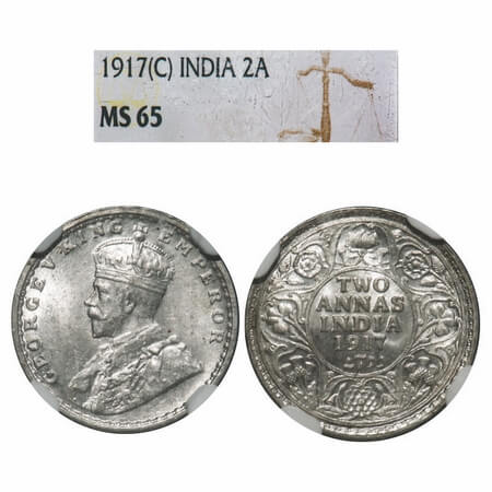 George V, Silver, 2 Annas, 1917, Calcutta Mint, No dot. F. Prid 970. GK 1117. NGC Slabbed 