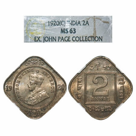 George V, Copper-Nickel, 2 Annas, 1920, Calcutta Mint, No dot. F. Prid 882. GK 1121. NGC S