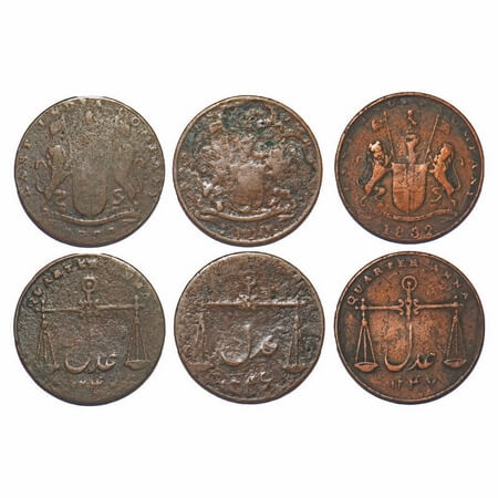 Bombay Presidency, Copper Quarter Anna (3 Coins), (1833-1844 AD Issue), AD 1830 & 1832/ 12