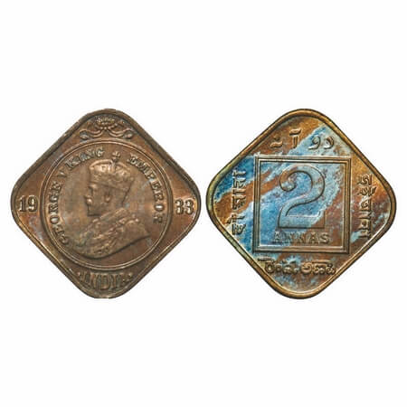 George V, Copper-Nickel, 2 Annas, 1933, Calcutta Mint, No dot. F. Prid 891. GK 1136. About