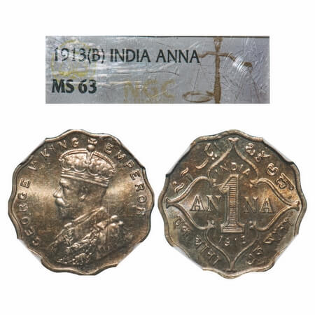 George V, Copper-Nickel, 1 Anna, 1913, Bombay Mint, No dot. F. Prid 943. GK 1143. NGC Slab