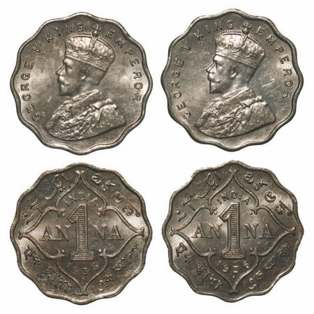George V, Copper-Nickel, 1 Anna, (2 coins), 1936, Bombay Mint, 1) Small dot, 2) Big dot. F