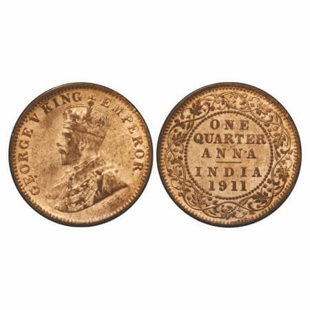 George V, Bronze, Quarter Anna, 1911, Calcutta Mint, No dot, Pig-Type. F. Prid 656. GK 117