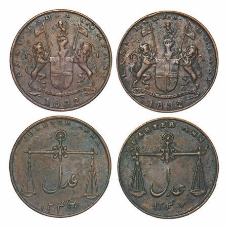 Bombay Presidency, Copper Quarter Anna (2 Coins), AD 1832 / 1246 & 1832/1247 AH. Paul Stev