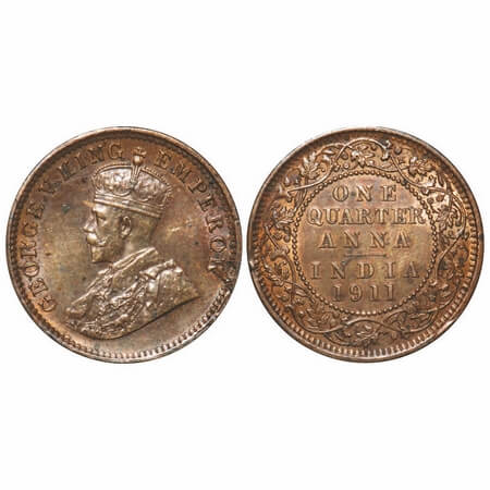 George V, Bronze, Quarter Anna, 1911, Calcutta Mint, No dot, Pig-Type. F. Prid 656. GK 117