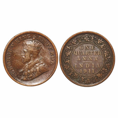 George V, Bronze, Quarter Anna, 1911, Calcutta Mint, No dot, Pig-Type. F. Prid 656. GK 117